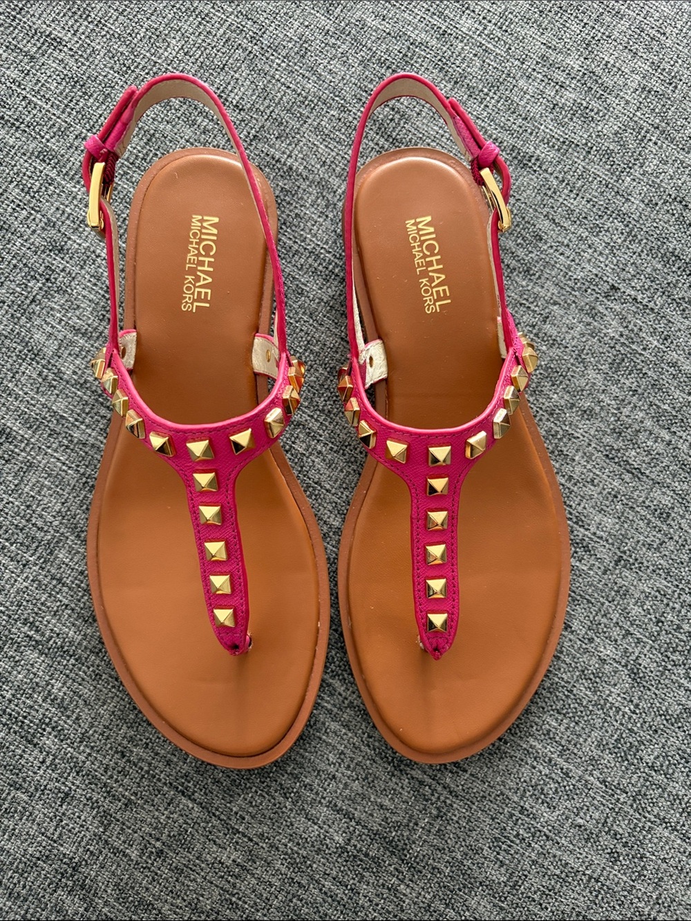 MICHAEL Michael Kors Hot Pink T-Strap Sandals with Gold Studs